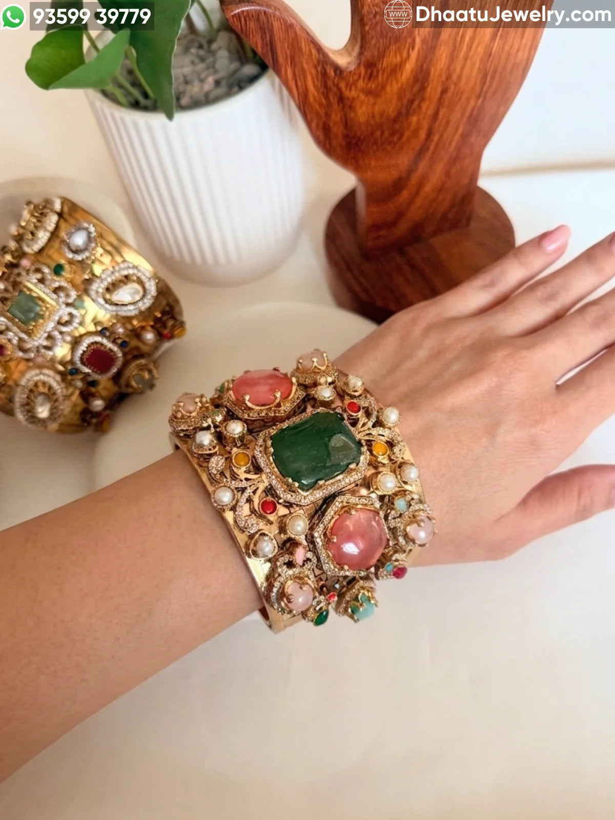 Sabyasachi-Inspired Wide Gold-Plated Brass Cuff Bracelet with Multicolor Doublet Stones & Pearls