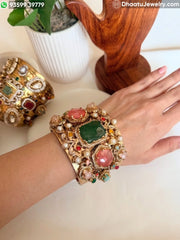 Sabyasachi-Inspired Wide Gold-Plated Brass Cuff Bracelet with Multicolor Doublet Stones & Pearls