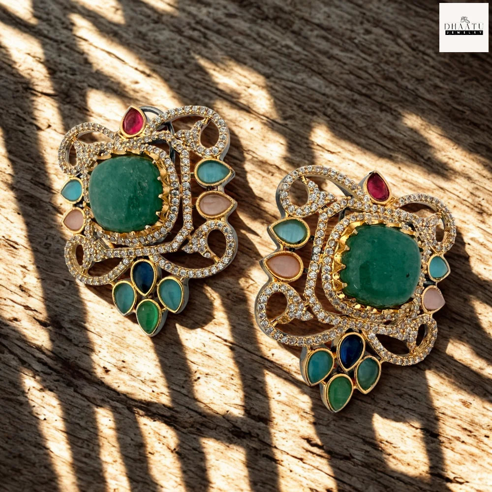 Semi-Precious Stone Studs with CZ Pavé Border (5 Variants)