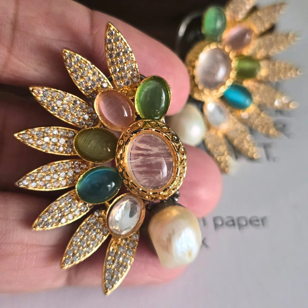 Rivaayat Handcrafted Sunburst Ear Cuffs with Baroque Pearls and Multi-Hue Cabochons