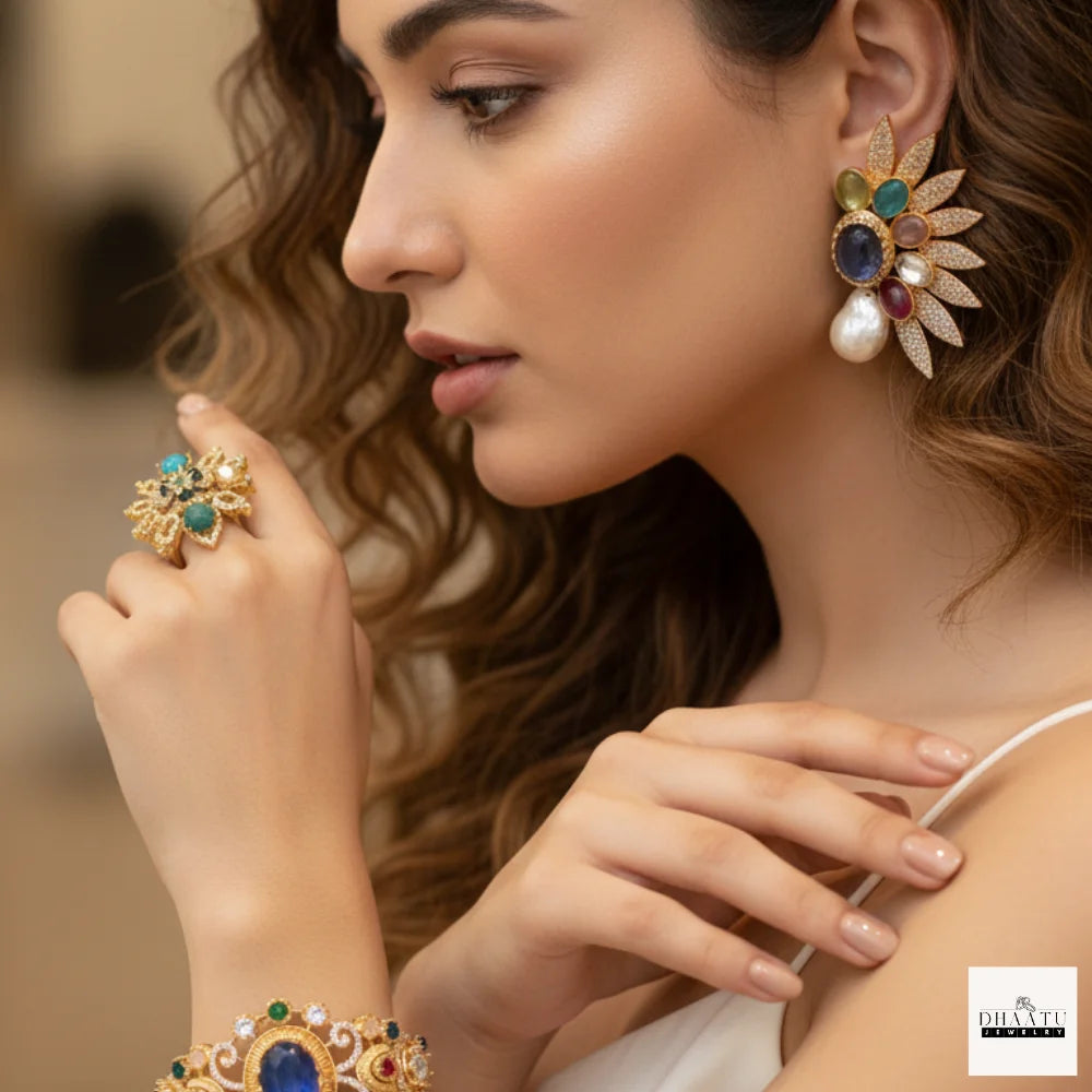 Rivaayat Handcrafted Sunburst Ear Cuffs with Baroque Pearls and Multi-Hue Cabochons