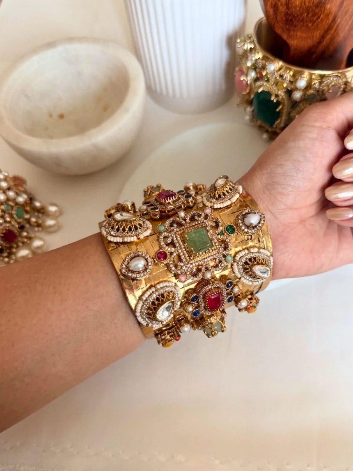 Sabyasachi-Inspired Navratna Multi-Stone Wide Cuff Bracelet | Gold-Plated Brass Statement Kada