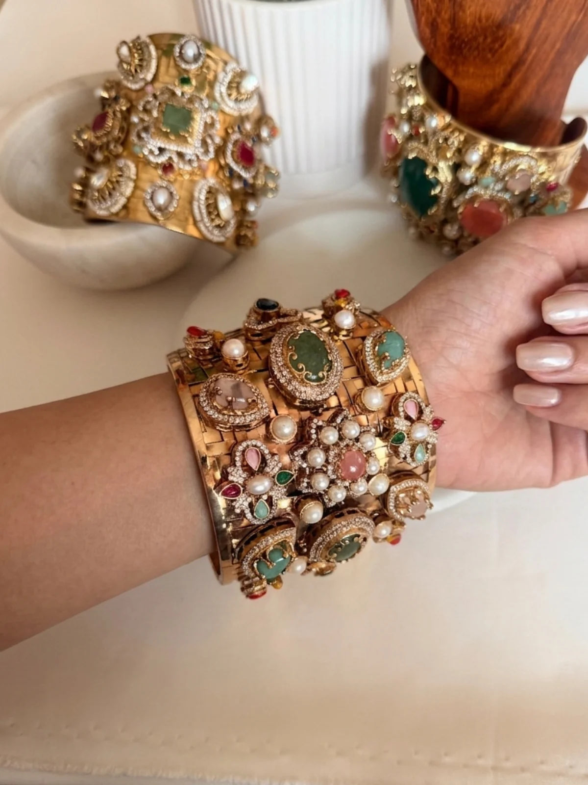 Sabyasachi Inspired Wide Brass Cuff Bracelet with Multicolored Doublet Stones & Gold Plating – Royal Statement Kada