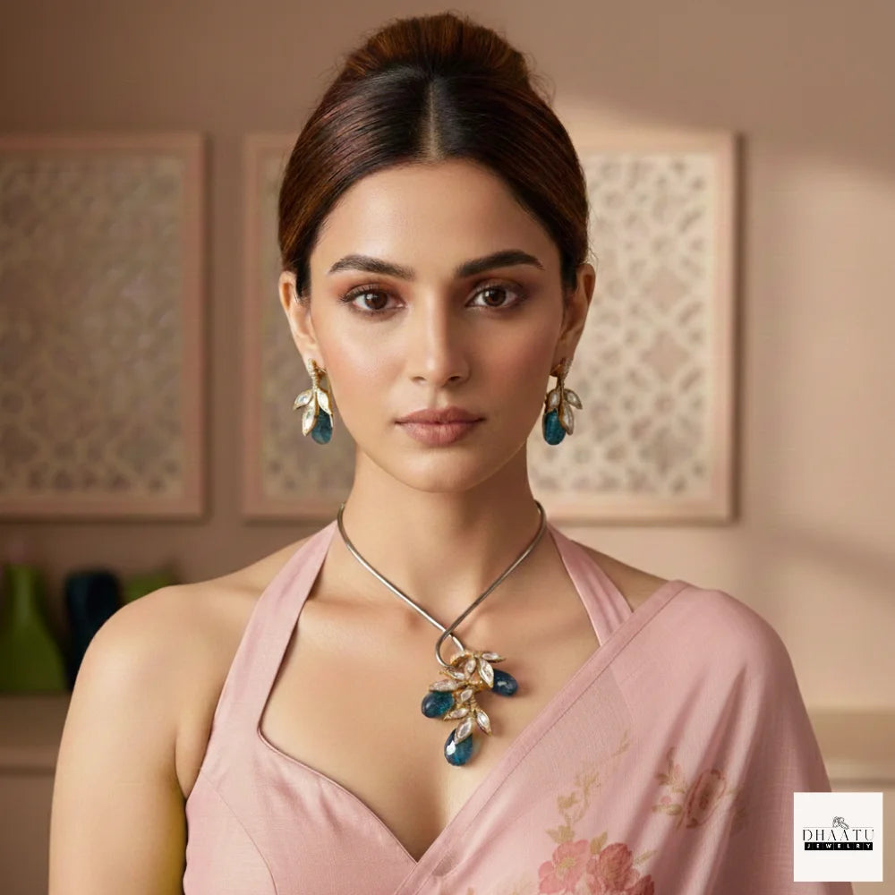 Handcrafted Kundan Leaf Motif Hasli Torque Necklace & Earring Set – 6 Colors