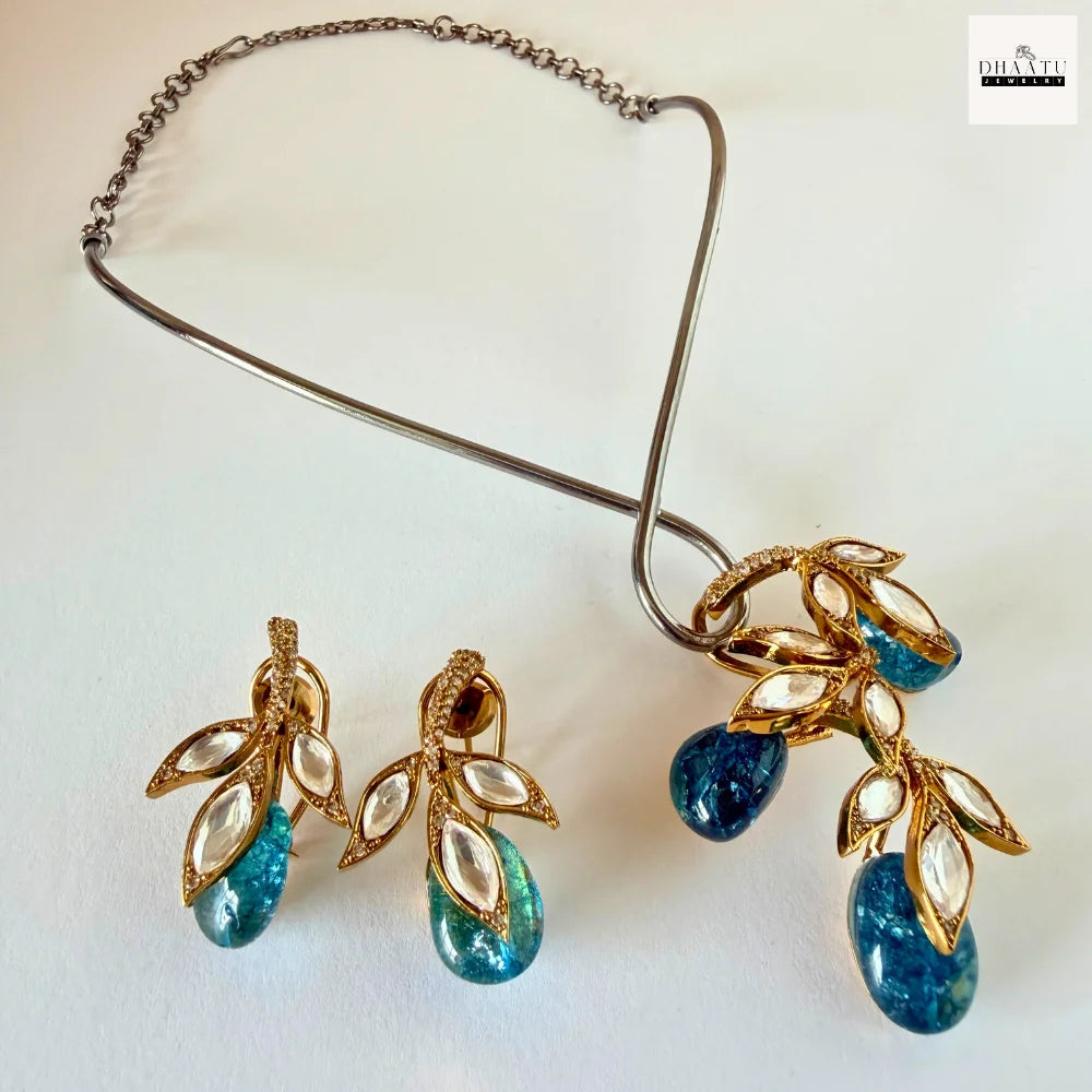 Handcrafted Kundan Leaf Motif Hasli Torque Necklace & Earring Set – 6 Colors