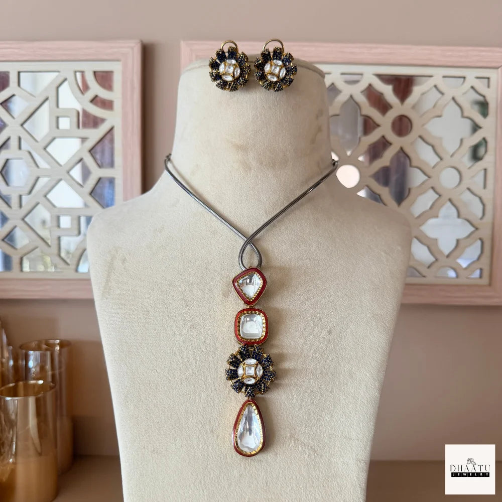 Handcrafted Kundan Polki Floral Pendant Necklace & Earrings Set With Meenakari Work