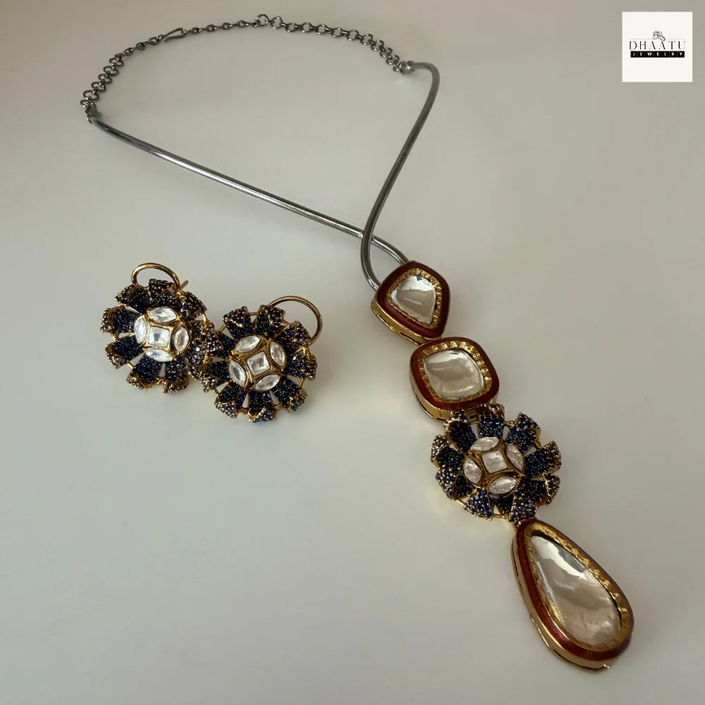 Handcrafted Kundan Polki Floral Pendant Necklace & Earrings Set With Meenakari Work