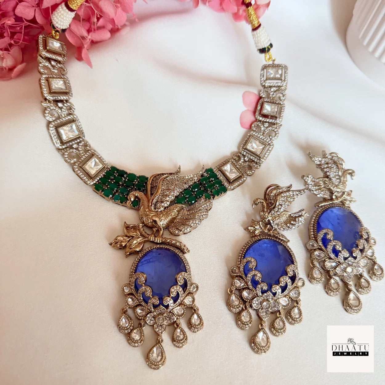 Handcrafted Peacock Motif Fusion Necklace Set with Polki Work and Vibrant Drop Stones