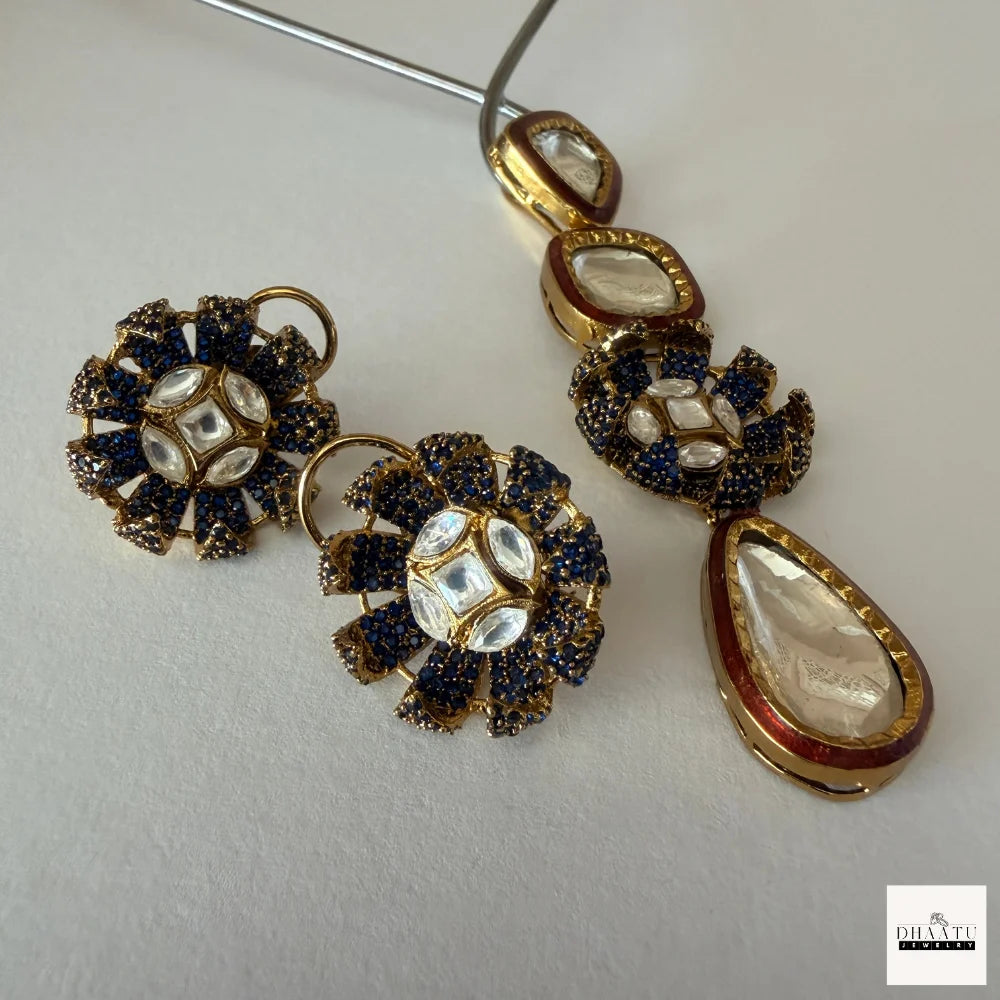 Handcrafted Kundan Polki Floral Pendant Necklace & Earrings Set With Meenakari Work