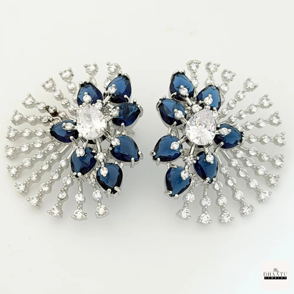 Celestial Sunburst Statement Stud Earrings – Pear-Cut Cubic Zirconia & Crystal Halo (Available in 5 Colors) | Silver Plating