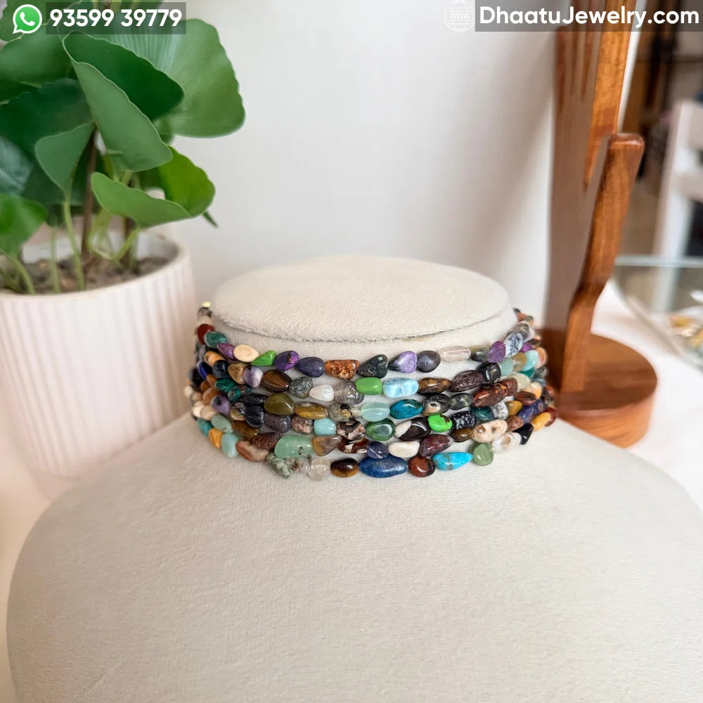 Multicolor Mixed Natural Semi-Precious Gemstone 6-Layer Choker Necklace | 4.5cm Wide Handcrafted Tumble Stone Bead Jewelry