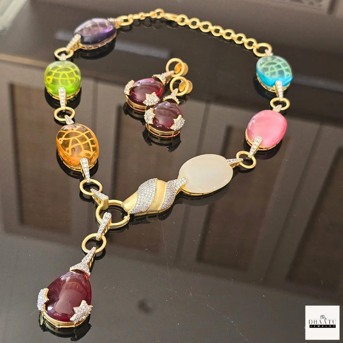 Designer Inspired Multi-Color Carved Stone Gold-Tone Statement Necklace & Earring Set