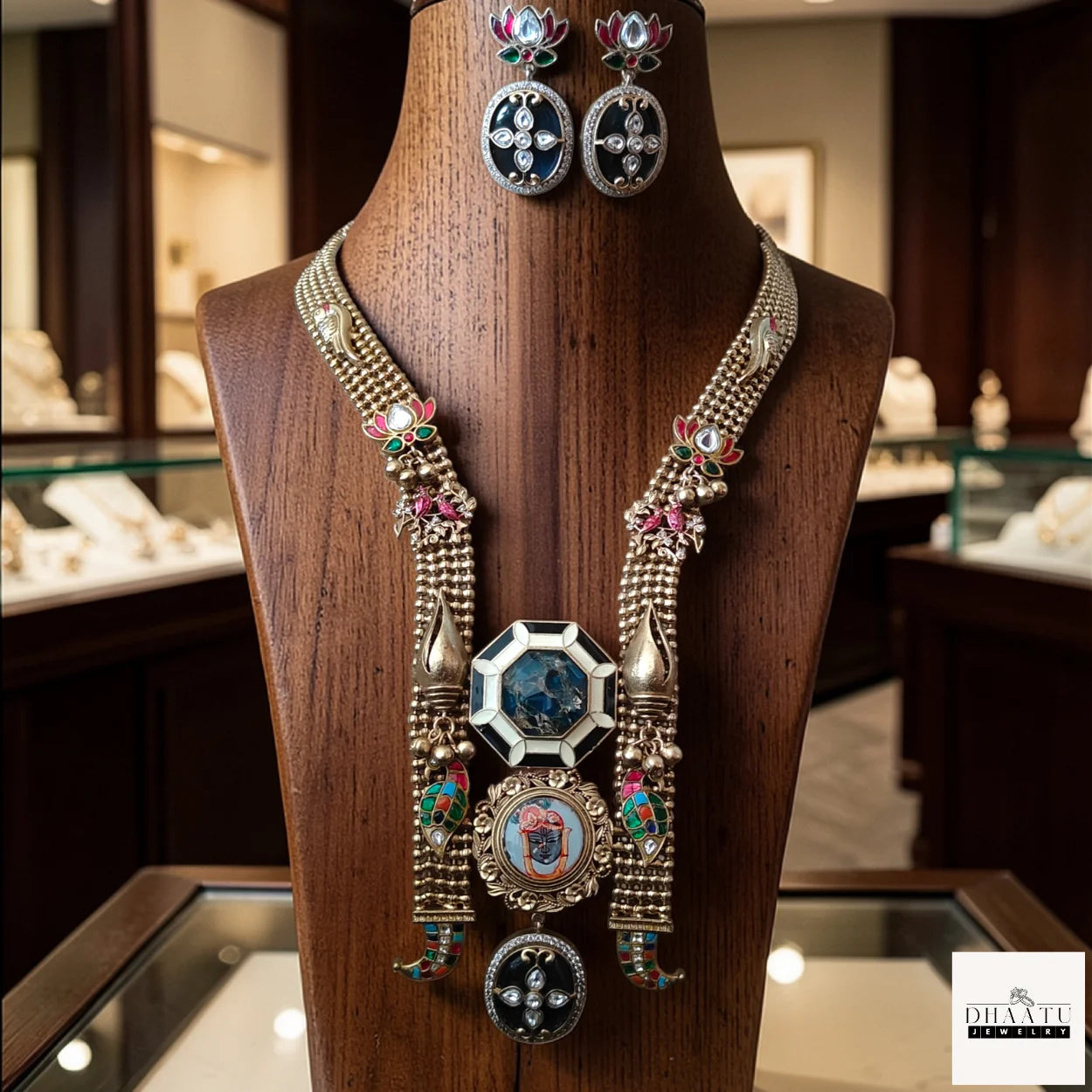 Handcrafted Shrinathji Temple Jewelry Set – Oxidized Gold Long Haar Necklace with Meenakari Work and Matching Earrings