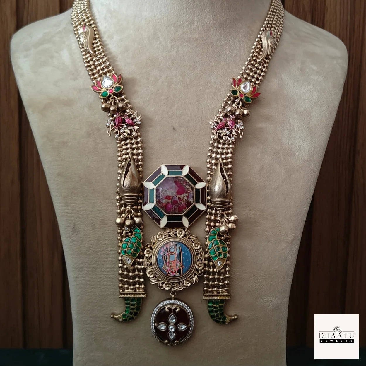 Handcrafted Shrinathji Temple Jewelry Set – Oxidized Gold Long Haar Necklace with Meenakari Work and Matching Earrings