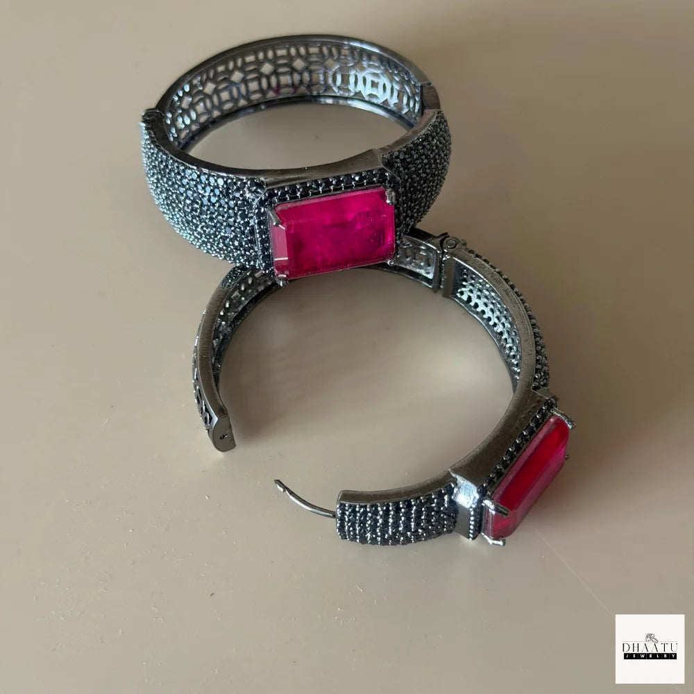 Midnight Fuchsia: Emerald-Cut Pink Crystal & Black Pavé Wide Huggie Hoop Earrings (Gunmetal Finish)