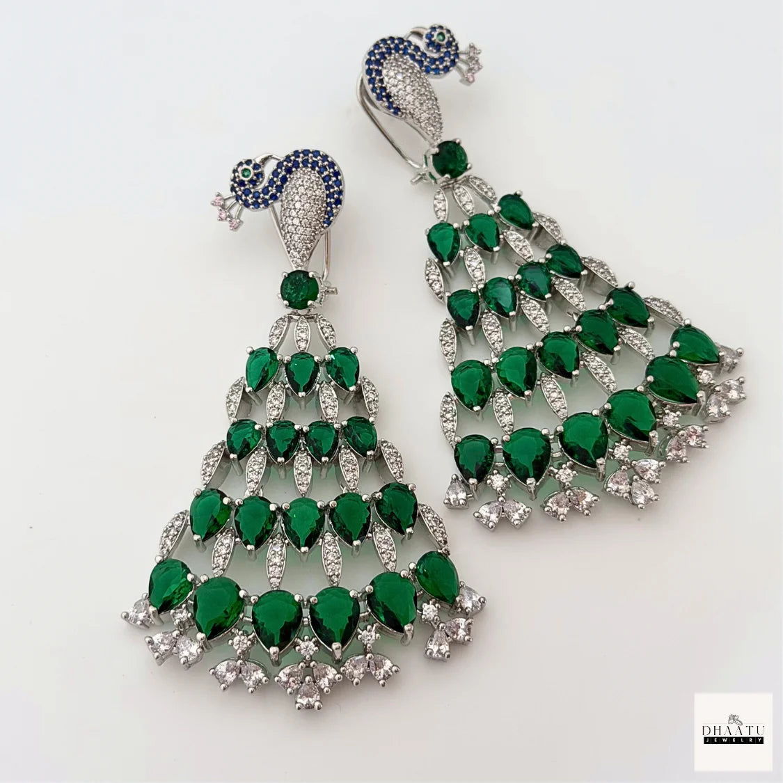 Regal Peacock Motif Zircon Chandelier Earrings - Silver Finish | Cubic Zirconia Statement Jewelry