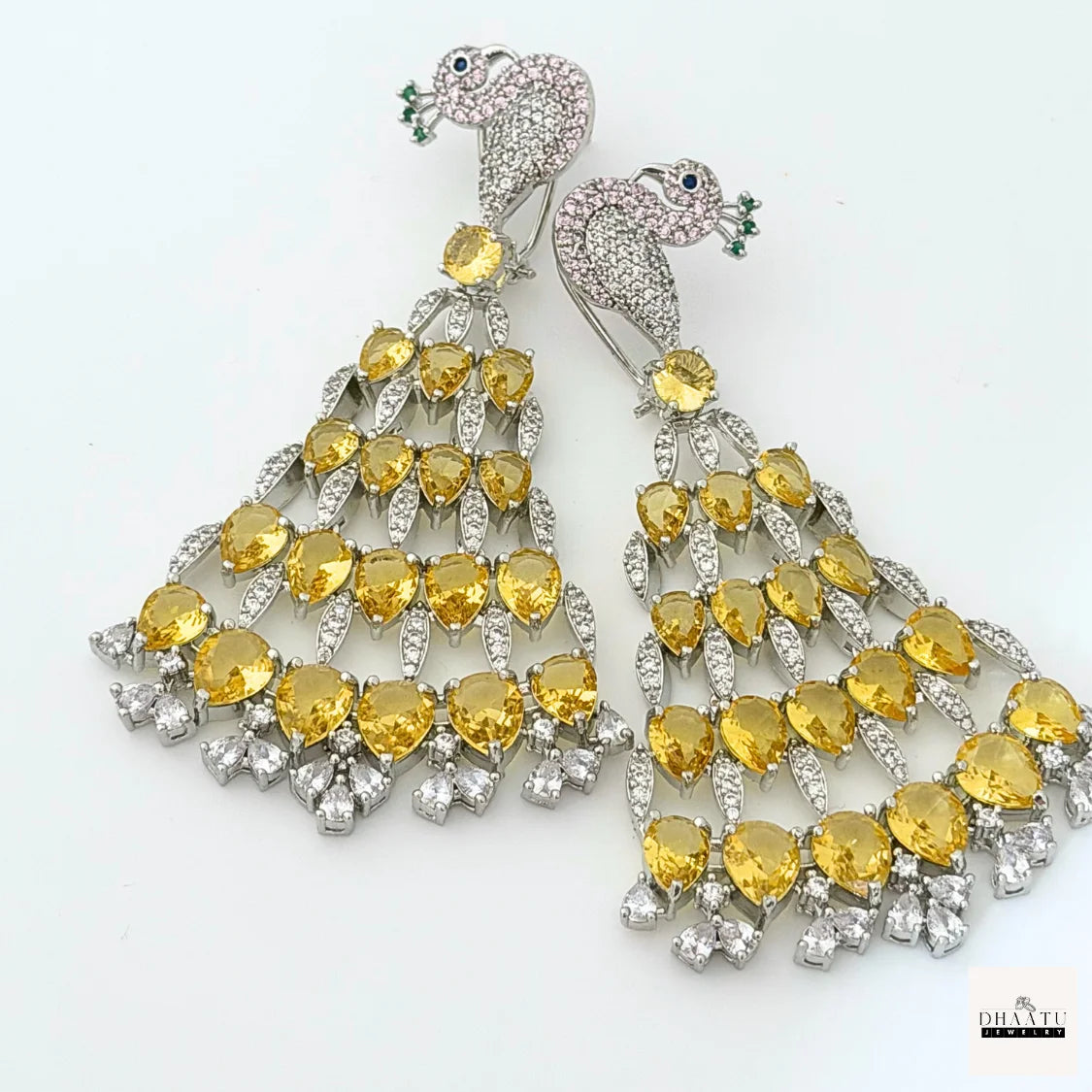 Regal Peacock Motif Zircon Chandelier Earrings - Silver Finish | Cubic Zirconia Statement Jewelry