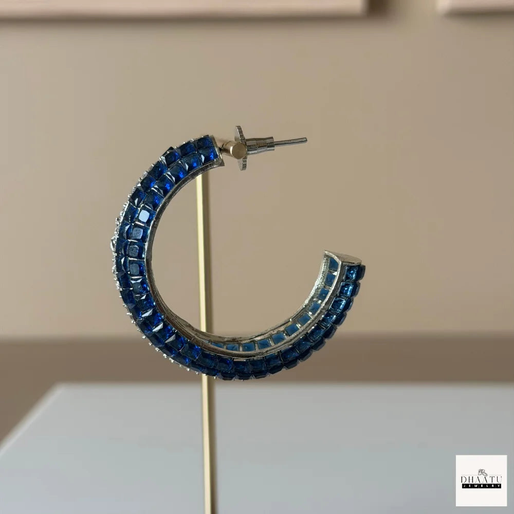 Royal Blue Princess-Cut Statement Hoops with Cubic Zirconia Accents – Silver Plated