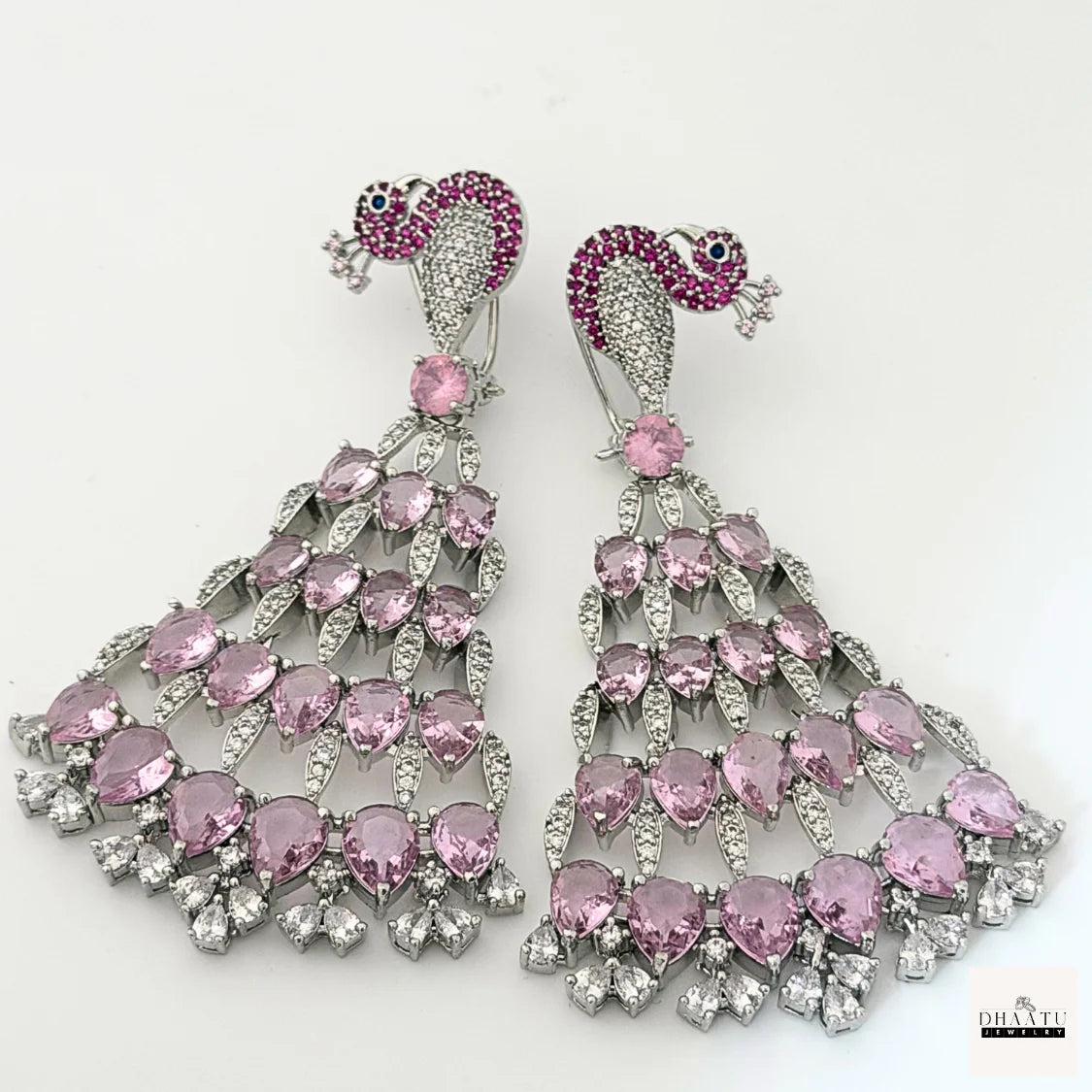 Regal Peacock Motif Zircon Chandelier Earrings - Silver Finish | Cubic Zirconia Statement Jewelry