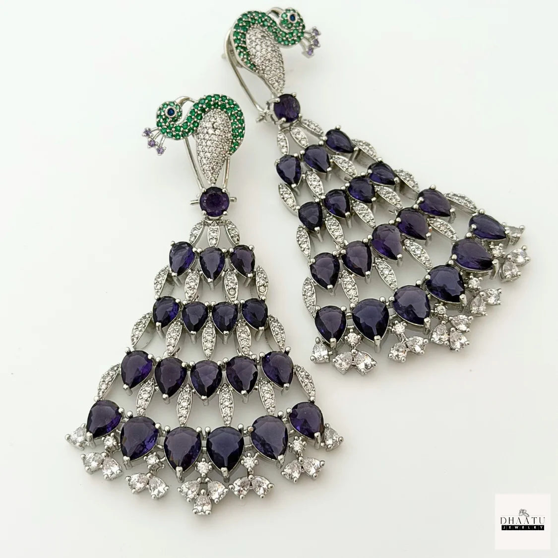 Regal Peacock Motif Zircon Chandelier Earrings - Silver Finish | Cubic Zirconia Statement Jewelry