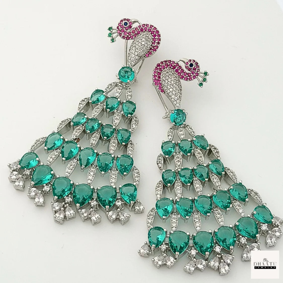 Regal Peacock Motif Zircon Chandelier Earrings - Silver Finish | Cubic Zirconia Statement Jewelry