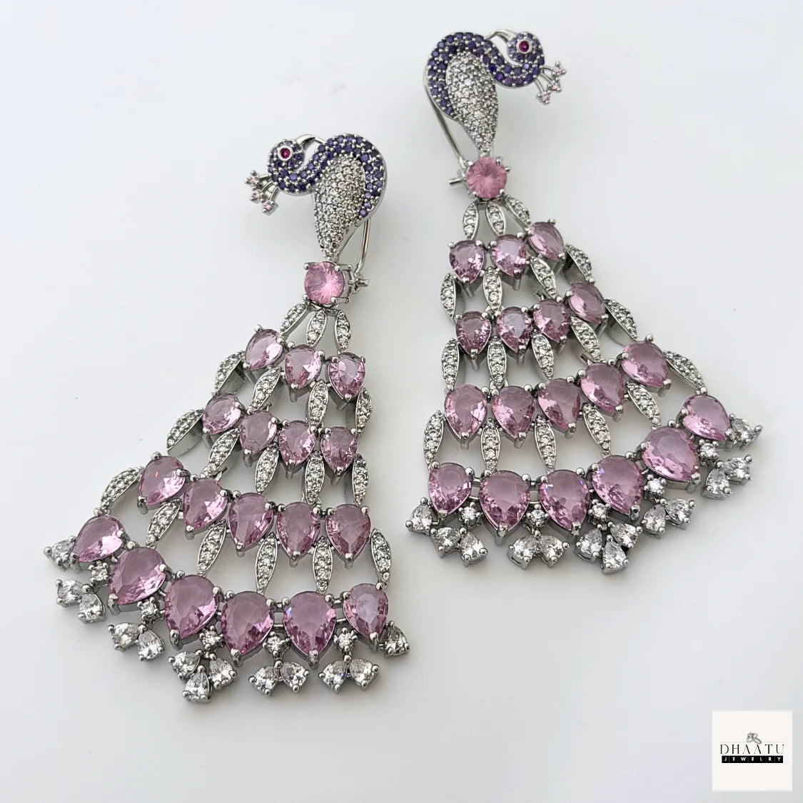 Regal Peacock Motif Zircon Chandelier Earrings - Silver Finish | Cubic Zirconia Statement Jewelry