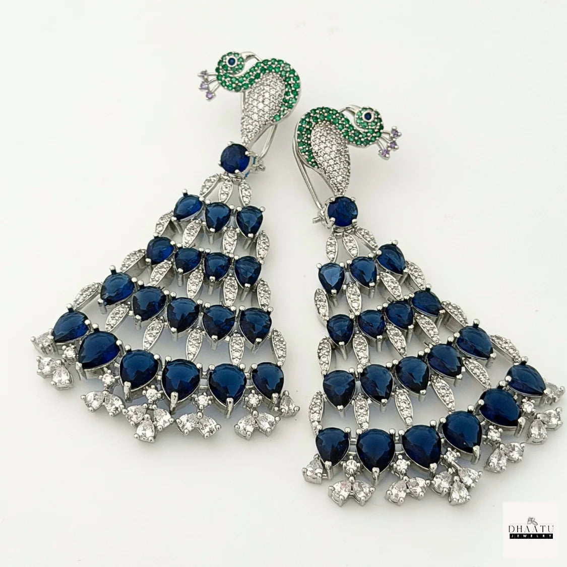 Regal Peacock Motif Zircon Chandelier Earrings - Silver Finish | Cubic Zirconia Statement Jewelry