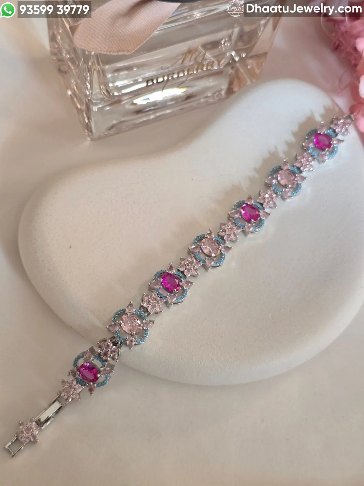 Multicolor and Pink Floral Crystal Statement Bracelet - Gold & Silver Toned - 18cm to 21cm Adjustable Length