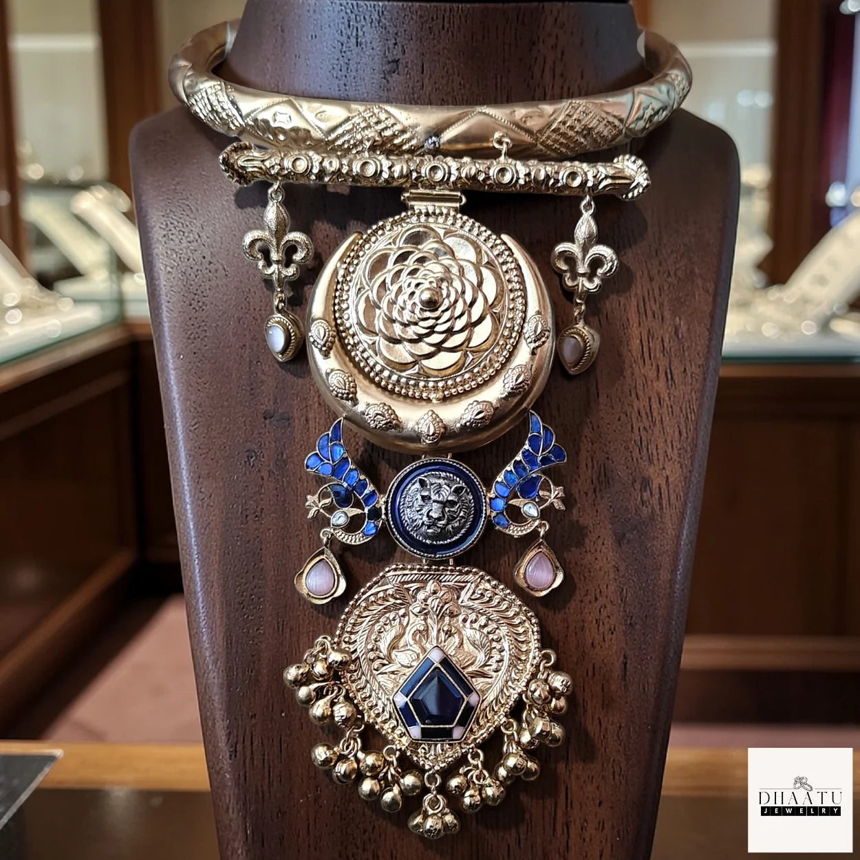 Simha Heritage Royal Medallion Hasli Necklace – Antique Gold Finish with Blue Meenakari and Tiger Motif