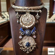 Simha Heritage Royal Medallion Hasli Necklace – Antique Gold Finish with Blue Meenakari and Tiger Motif