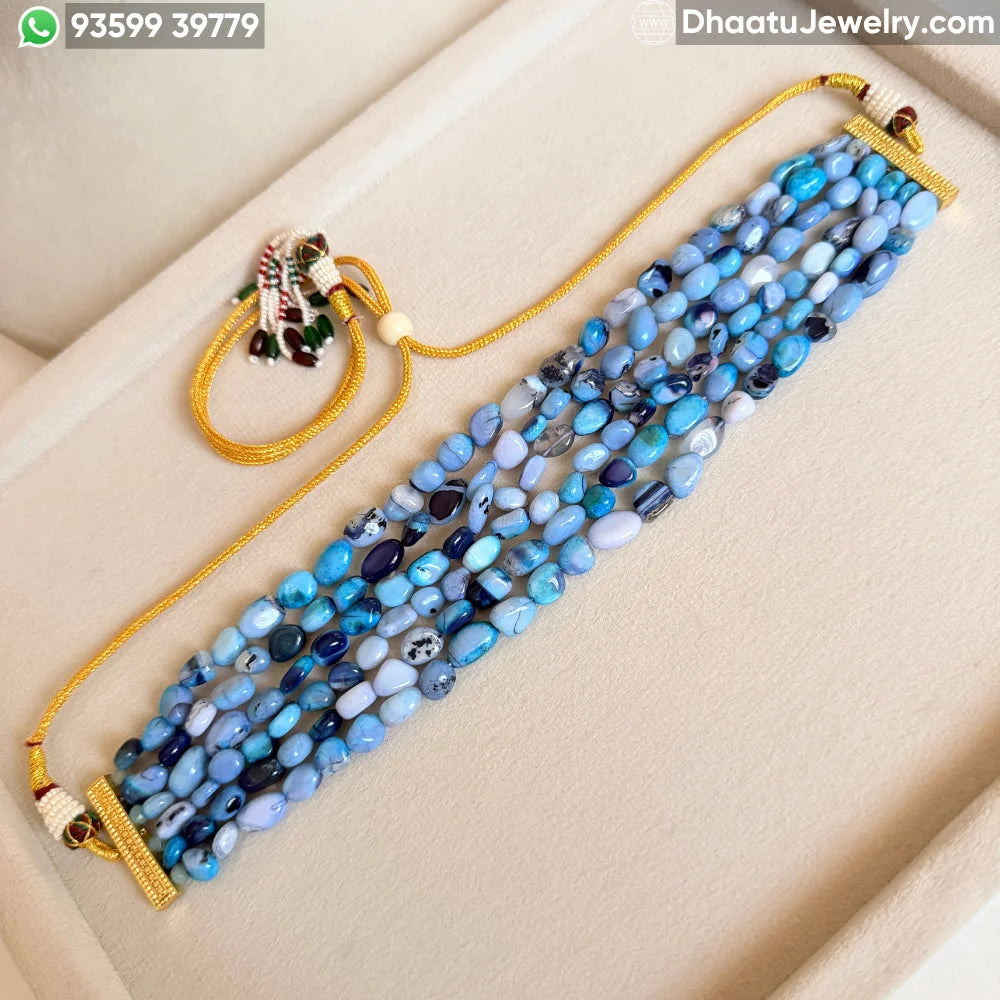 Handcrafted 6-Layer Blue Agate Natural Stone Choker Necklace | 4.5cm Wide & 23cm Long Beaded Statement Jewelry