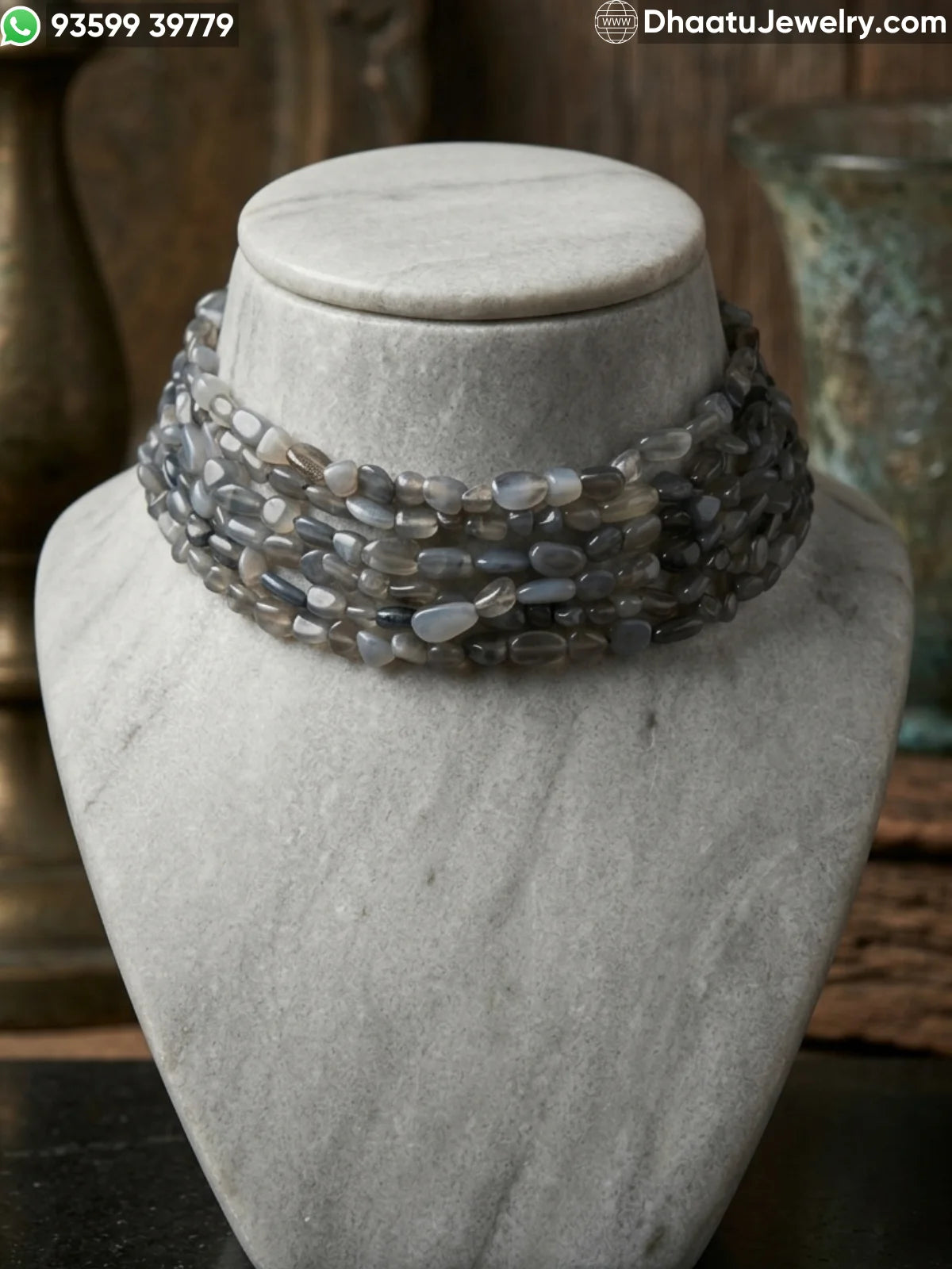 Grey Moonstone Natural Stone Beads Jewelry Set: 6-Layer Choker (23cm) & 5-Layer Matinee Long Necklace (60cm) with Side-Mounted Antique Pendant