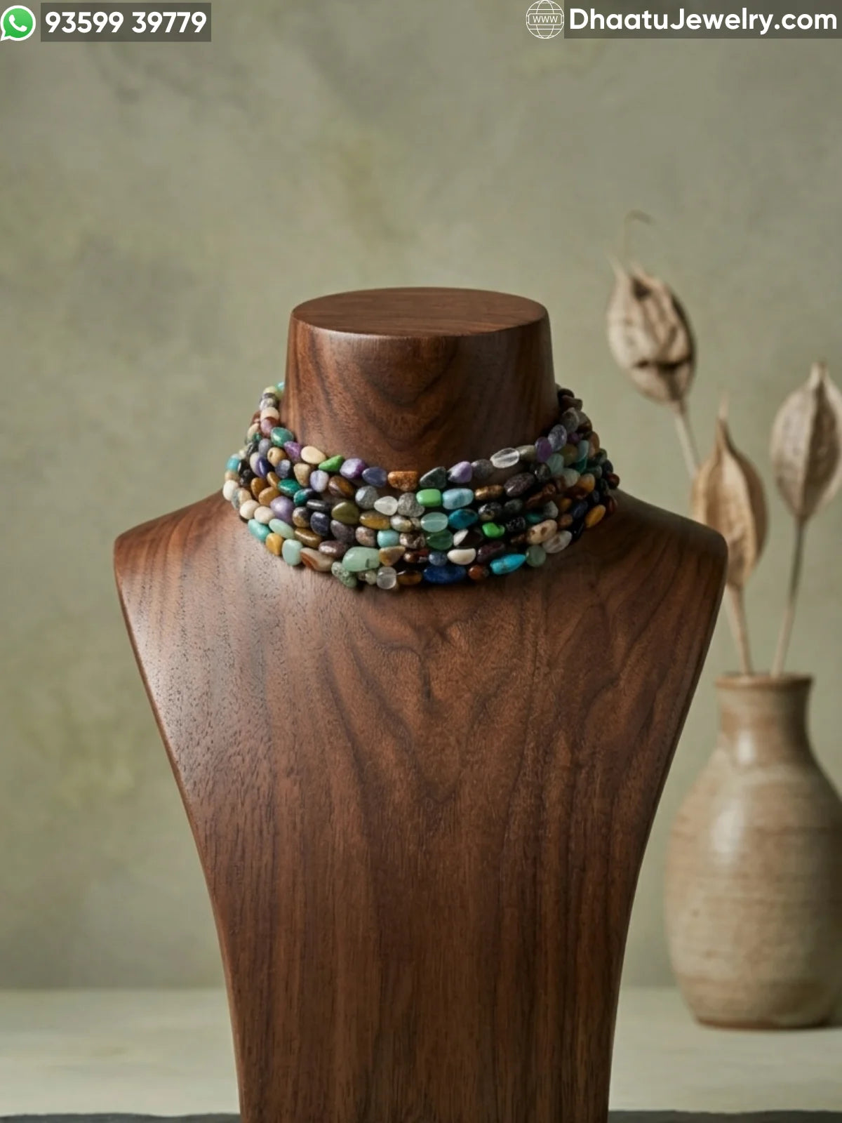 Multi-Color Natural Mixed Gemstone 2-Piece Jewelry Set: 6-Layer Choker & 60cm Matinee Long Necklace with Side Pendant