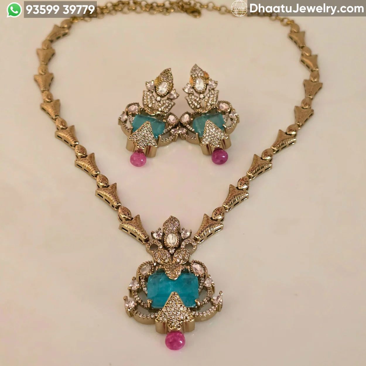 Handcrafted Floral Motif Necklace Set with Rectangular Baguette Stones and Contrast Drops