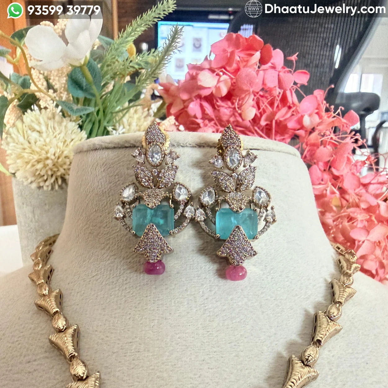 Handcrafted Floral Motif Necklace Set with Rectangular Baguette Stones and Contrast Drops