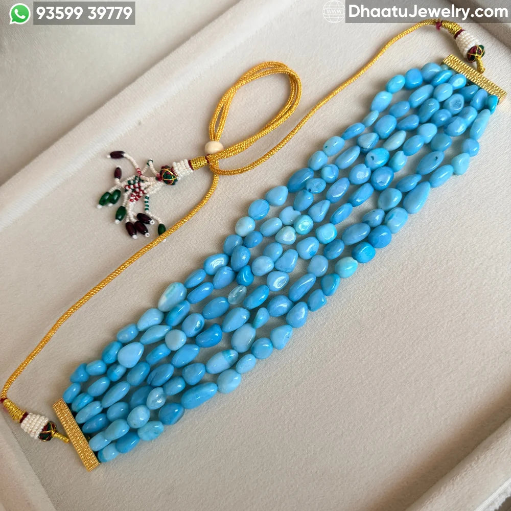 6-Layer Sky Blue Tumbled Natural Stone Choker Necklace - 4.5cm Wide Statement Bead Jewelry with Adjustable Cord