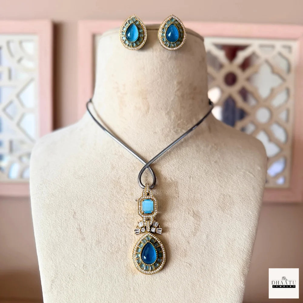 Pear-Cut Gemstone Fusion Jewelry Set – Gold-Plated Teardrop Necklace & Studs with Baguette Halo