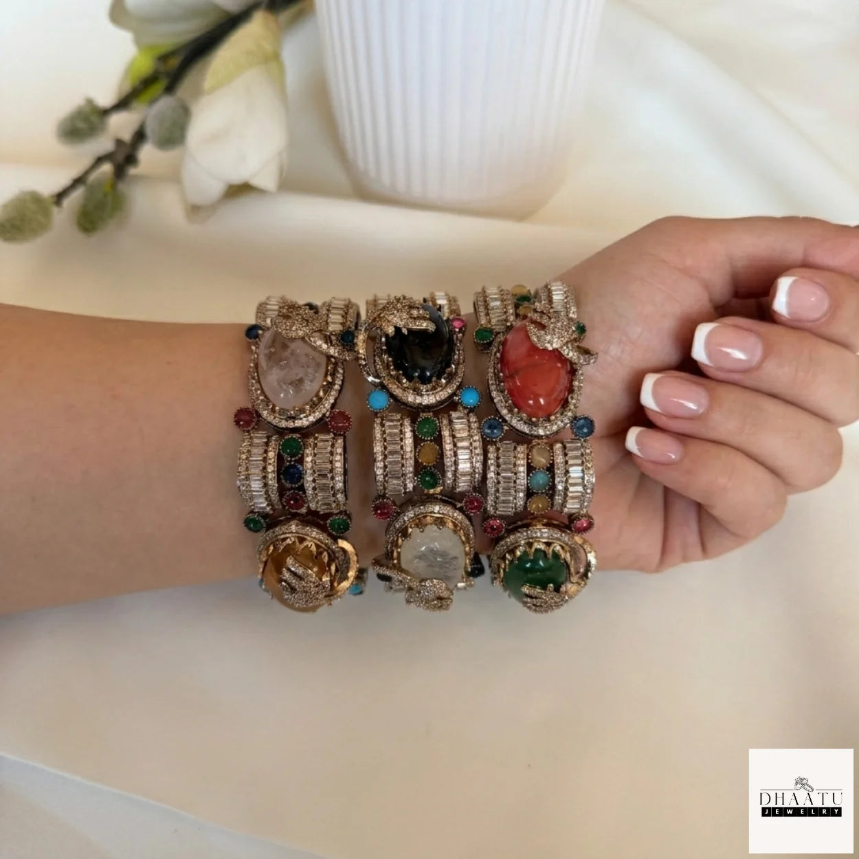 Rivaayat Antique Victorian Brass Cuff Bracelet with Multi-Color Doublet Stones