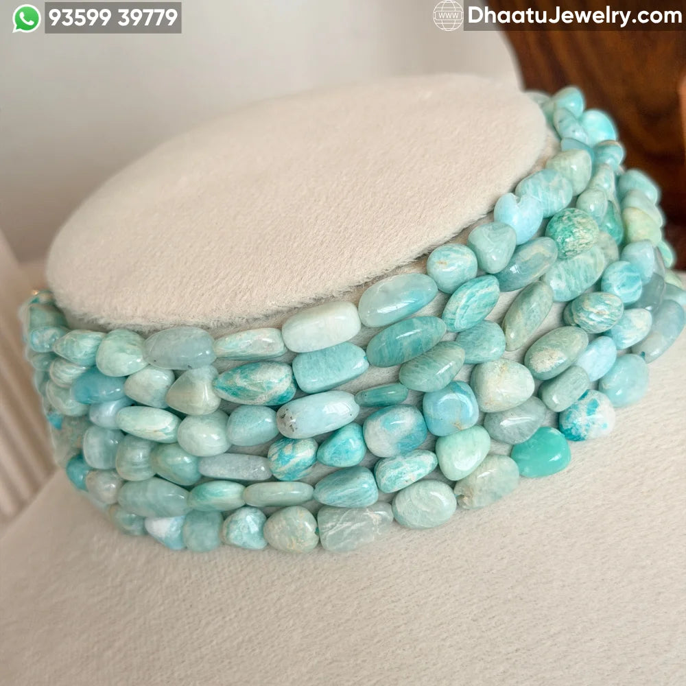 6-Layer Natural Amazonite Stone Bead Choker Necklace – Aqua Blue Tumbled Gemstone Statement Jewelry (23cm x 4.5cm)
