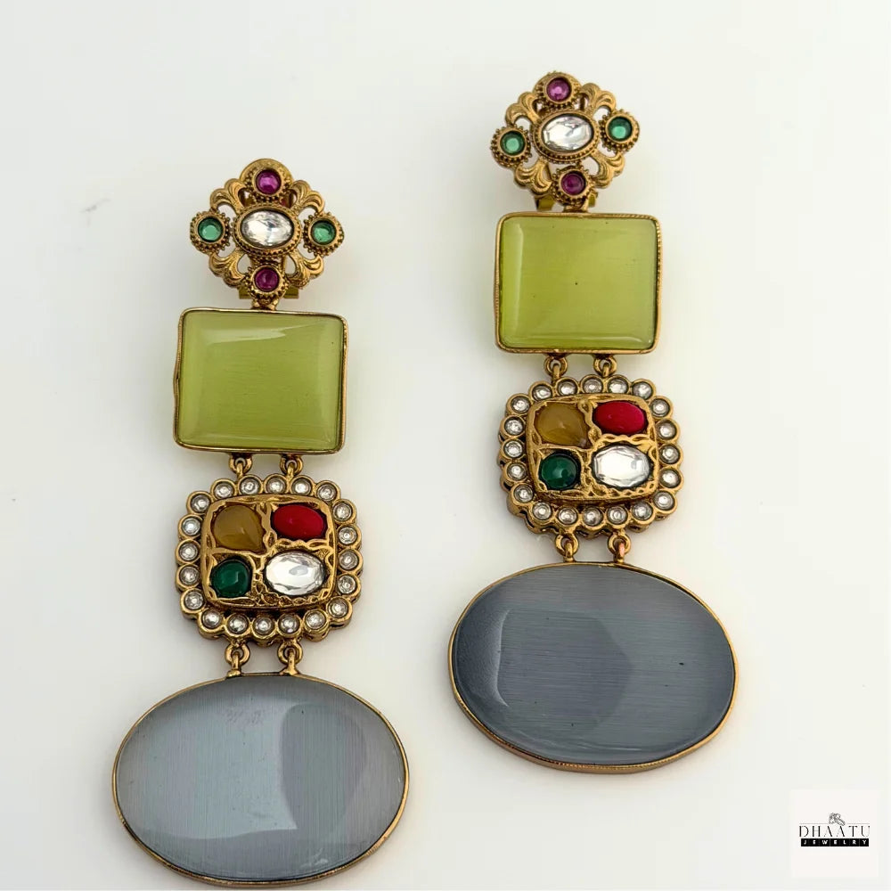 Regal Green & Grey Cat's Eye Drop Earrings with Multi-Stone Embellishment