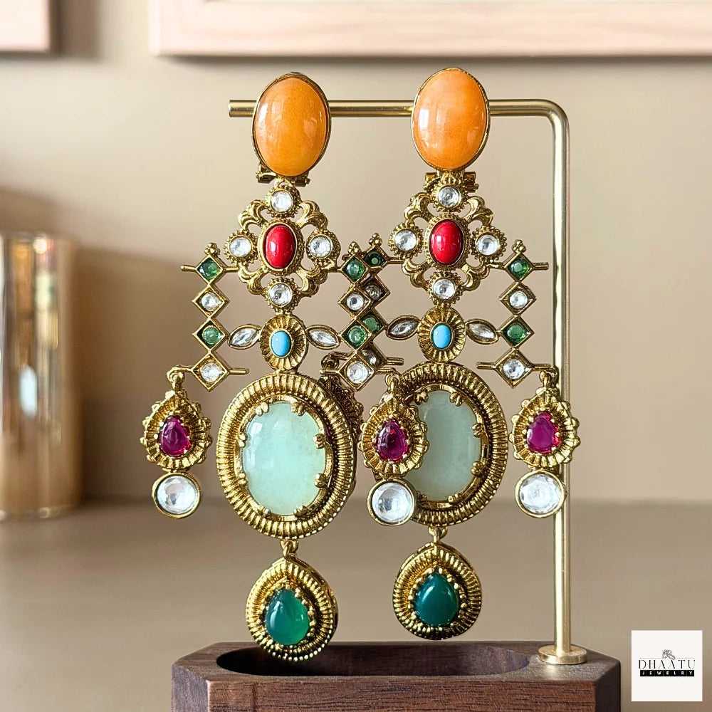 Statement Kundan Polki Chandelier Earrings with Multi-Color Stone Drops | Traditional Indian Jhumka Style