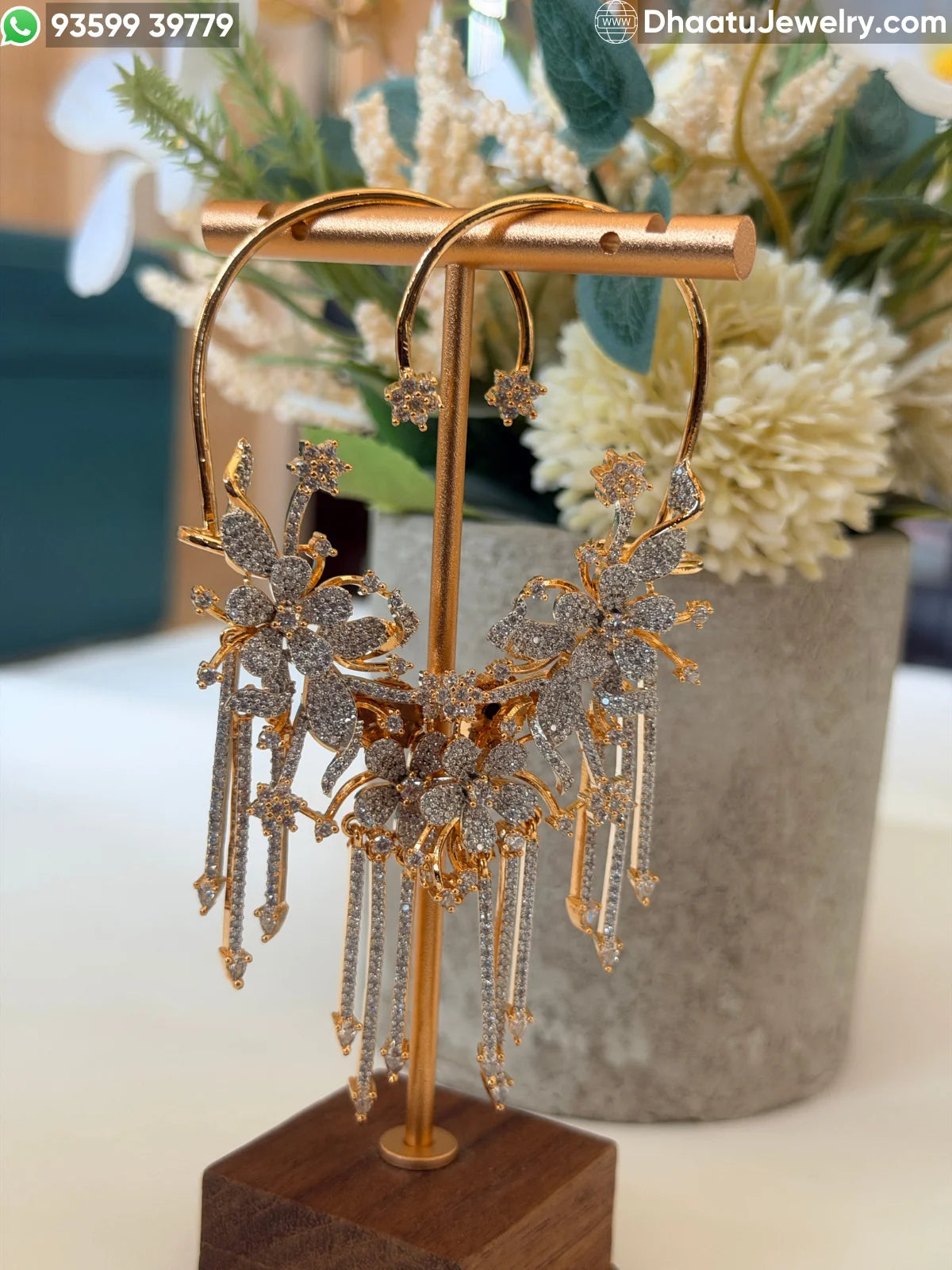 Gold Plated Floral Ear Cuff Earrings - Premium Zircon Studded Flower and Leaf Crawler with Hanging Stone Tassels