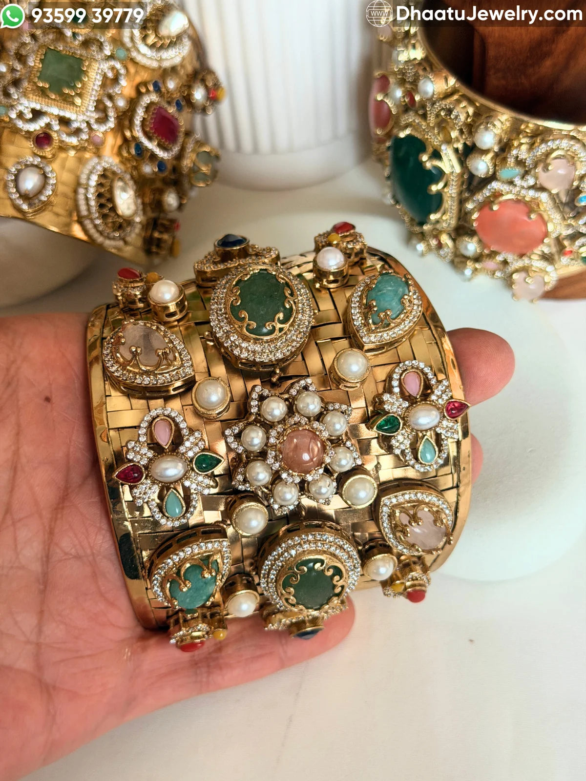 Sabyasachi Inspired Wide Brass Cuff Bracelet with Multicolored Doublet Stones & Gold Plating – Royal Statement Kada