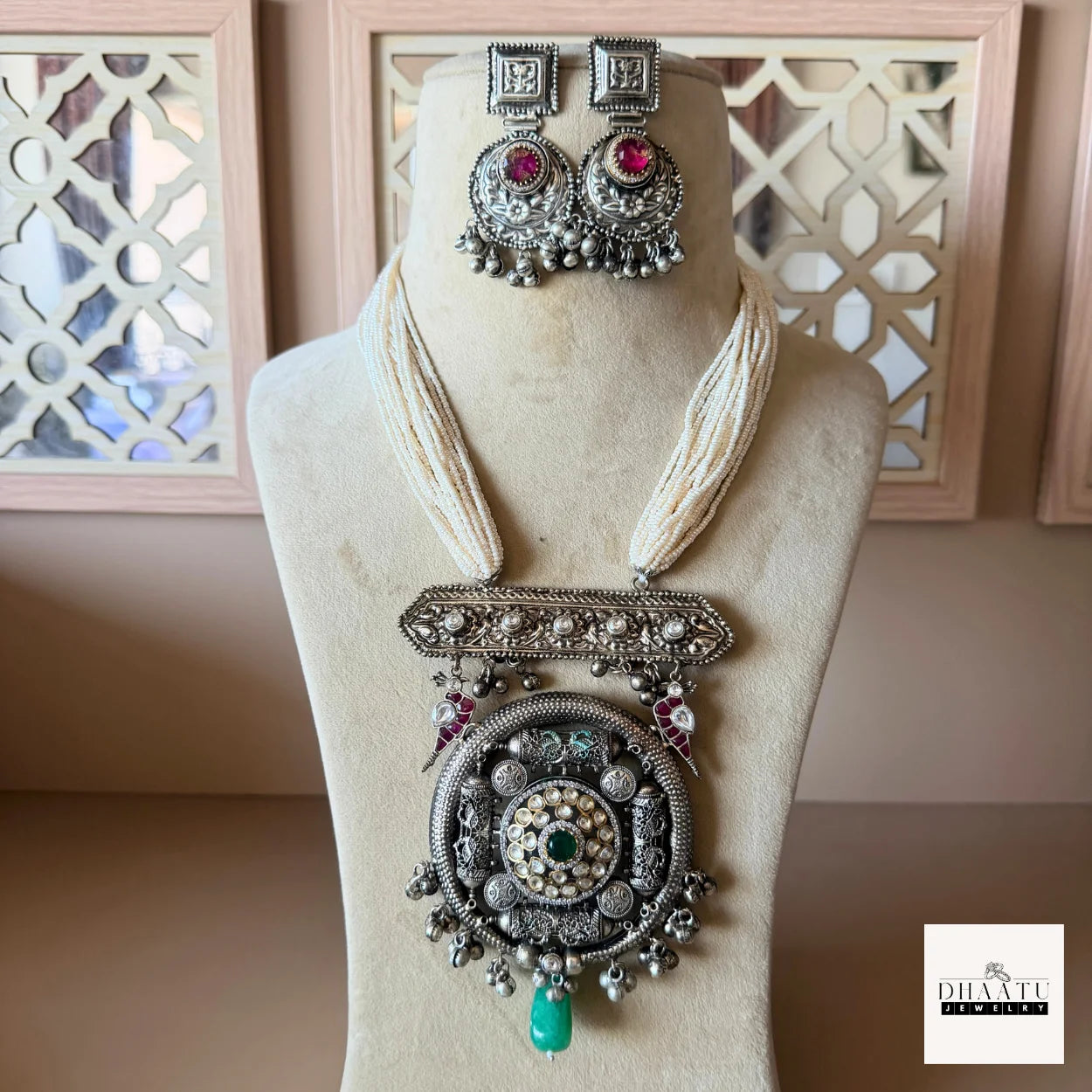Antique Silver Oxidized Kundan Statement Necklace Set with Pearl Strands and Emerald Drop