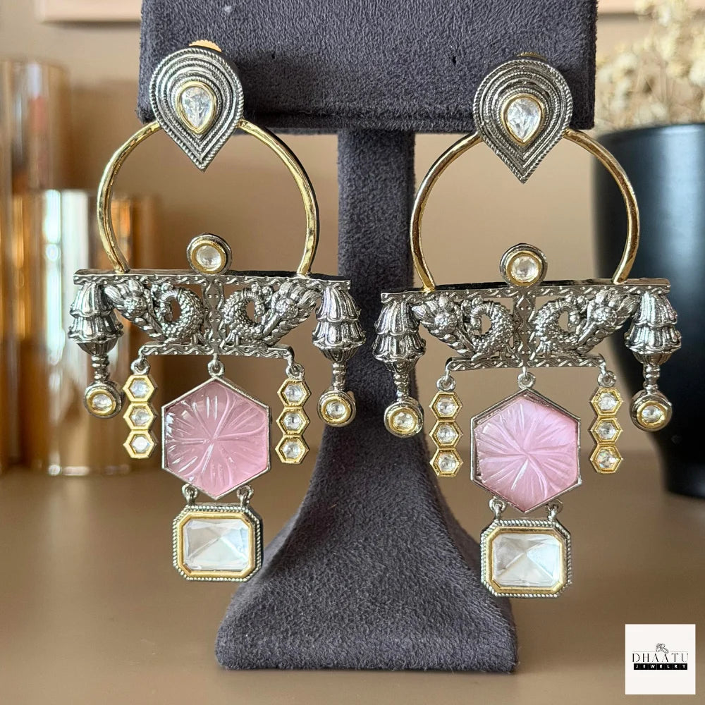 Kundan Polki & Carved Stone Oxidized Fusion Drop Earrings