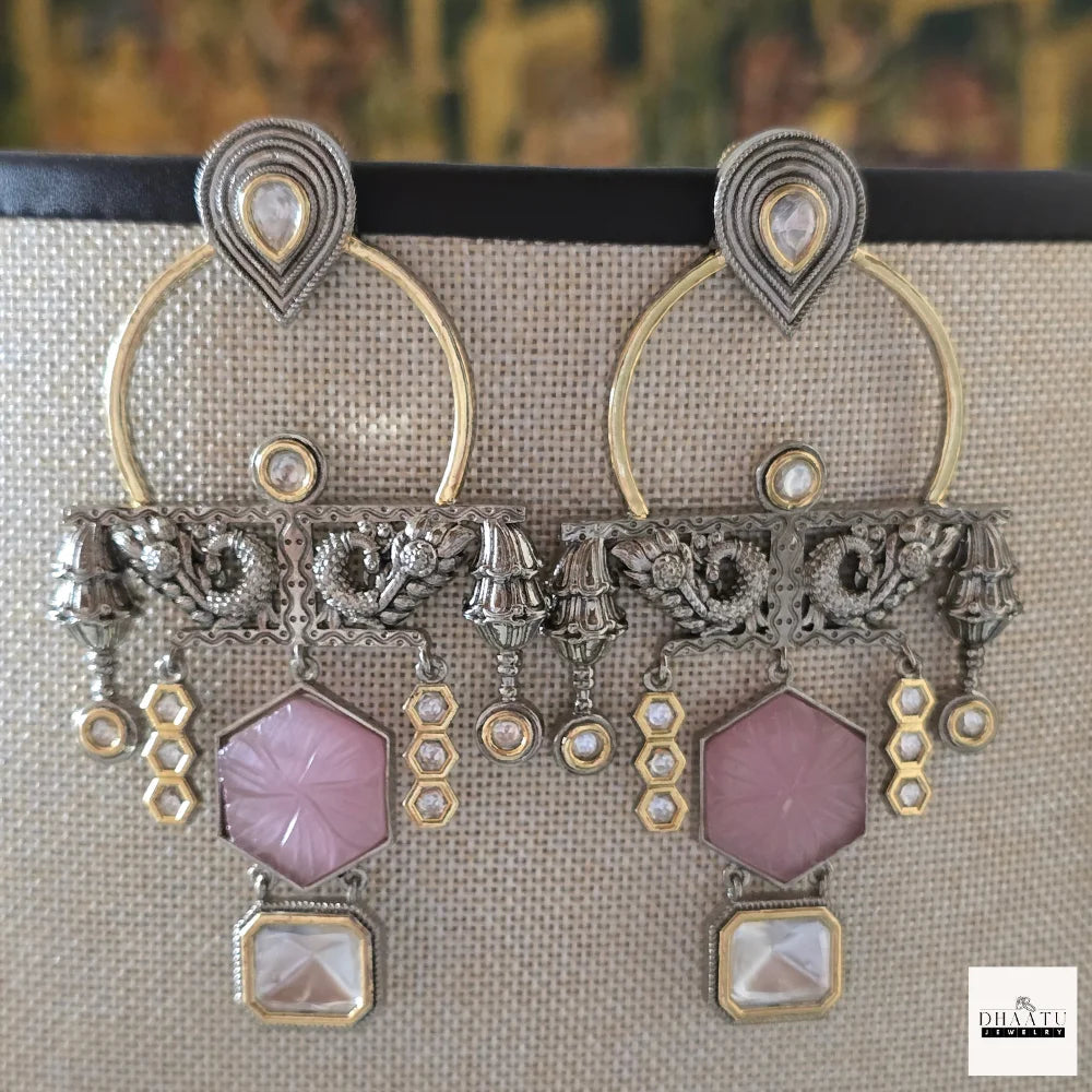 Kundan Polki & Carved Stone Oxidized Fusion Drop Earrings