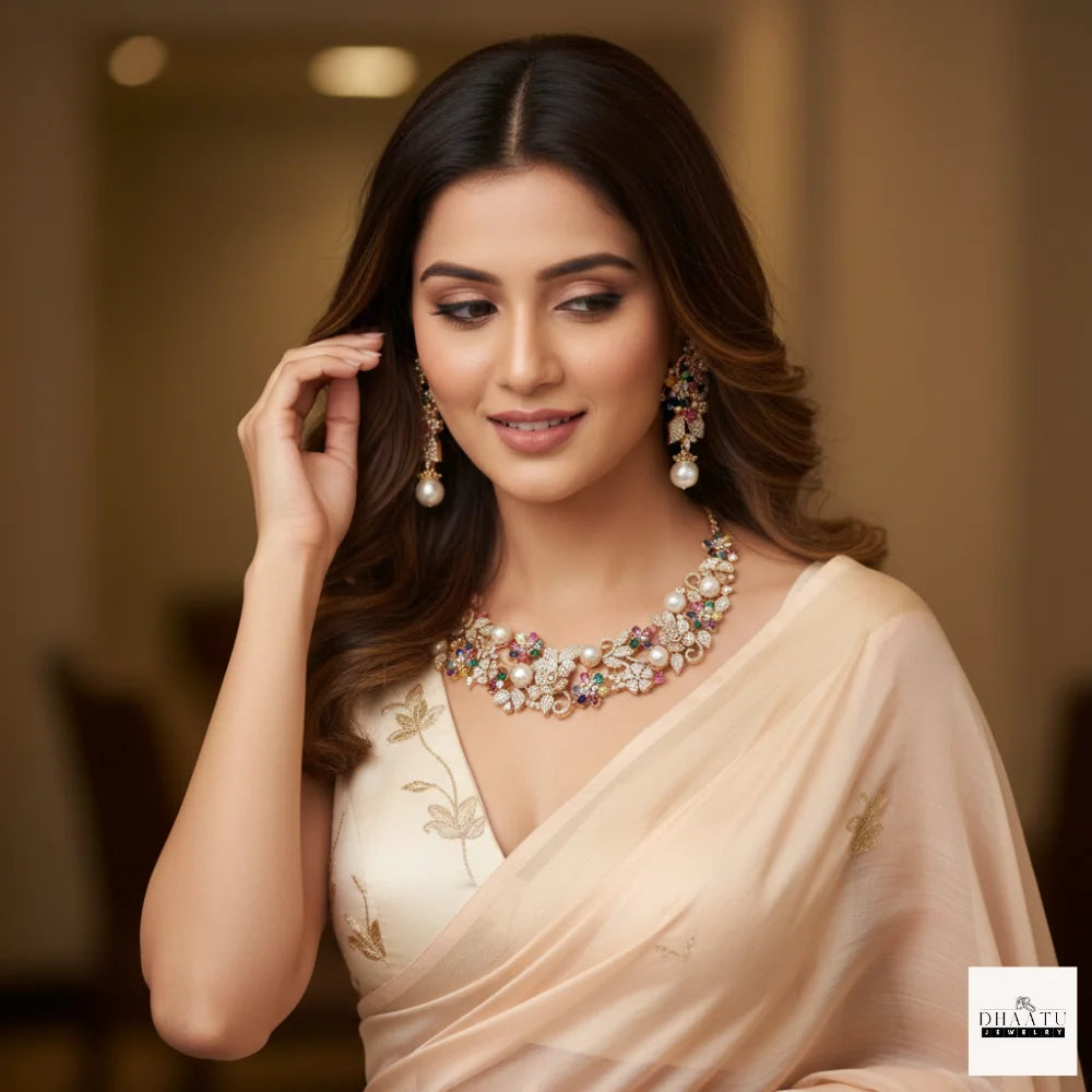 Aira Floral Bloom Pearl Necklace & Dangler Earrings Set – Gulnaar Collection by Dhaatu