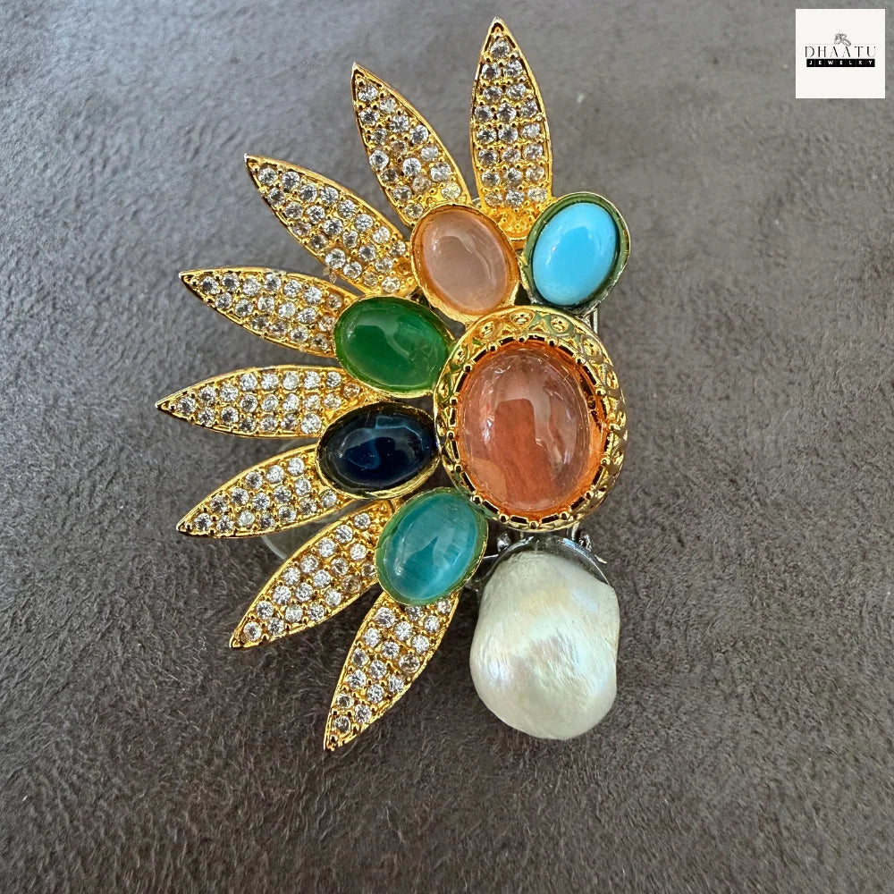 Rivaayat Handcrafted Sunburst Ear Cuffs with Baroque Pearls and Multi-Hue Cabochons