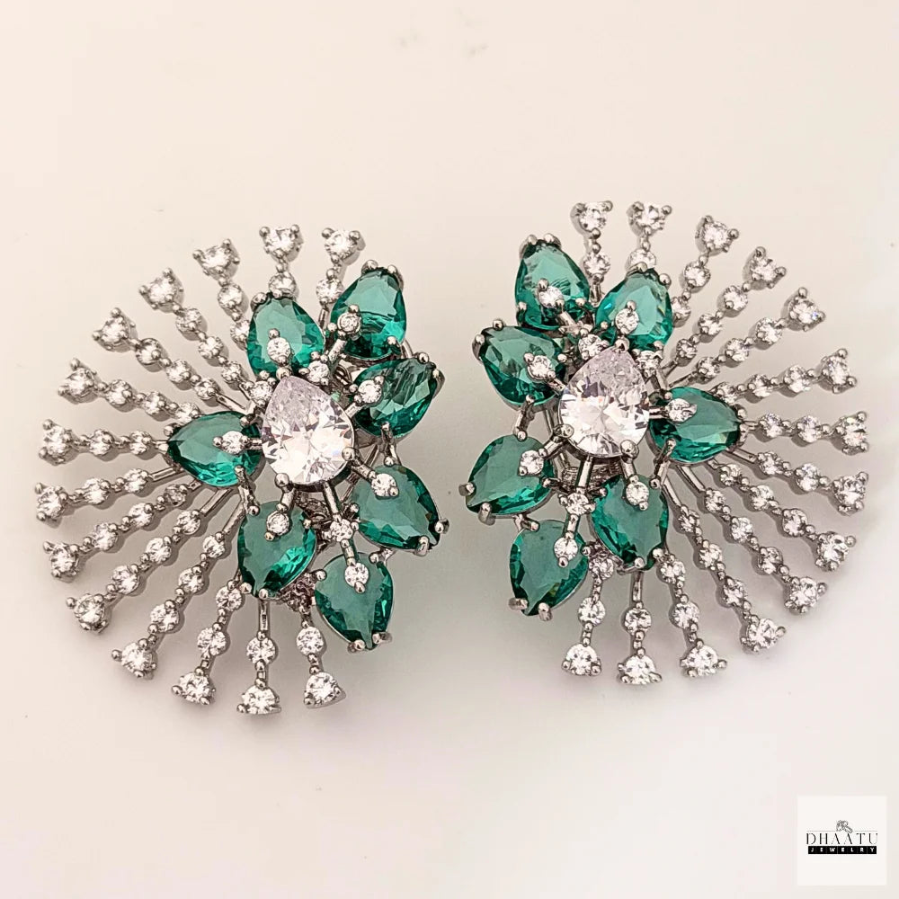 Celestial Sunburst Statement Stud Earrings – Pear-Cut Cubic Zirconia & Crystal Halo (Available in 5 Colors) | Silver Plating