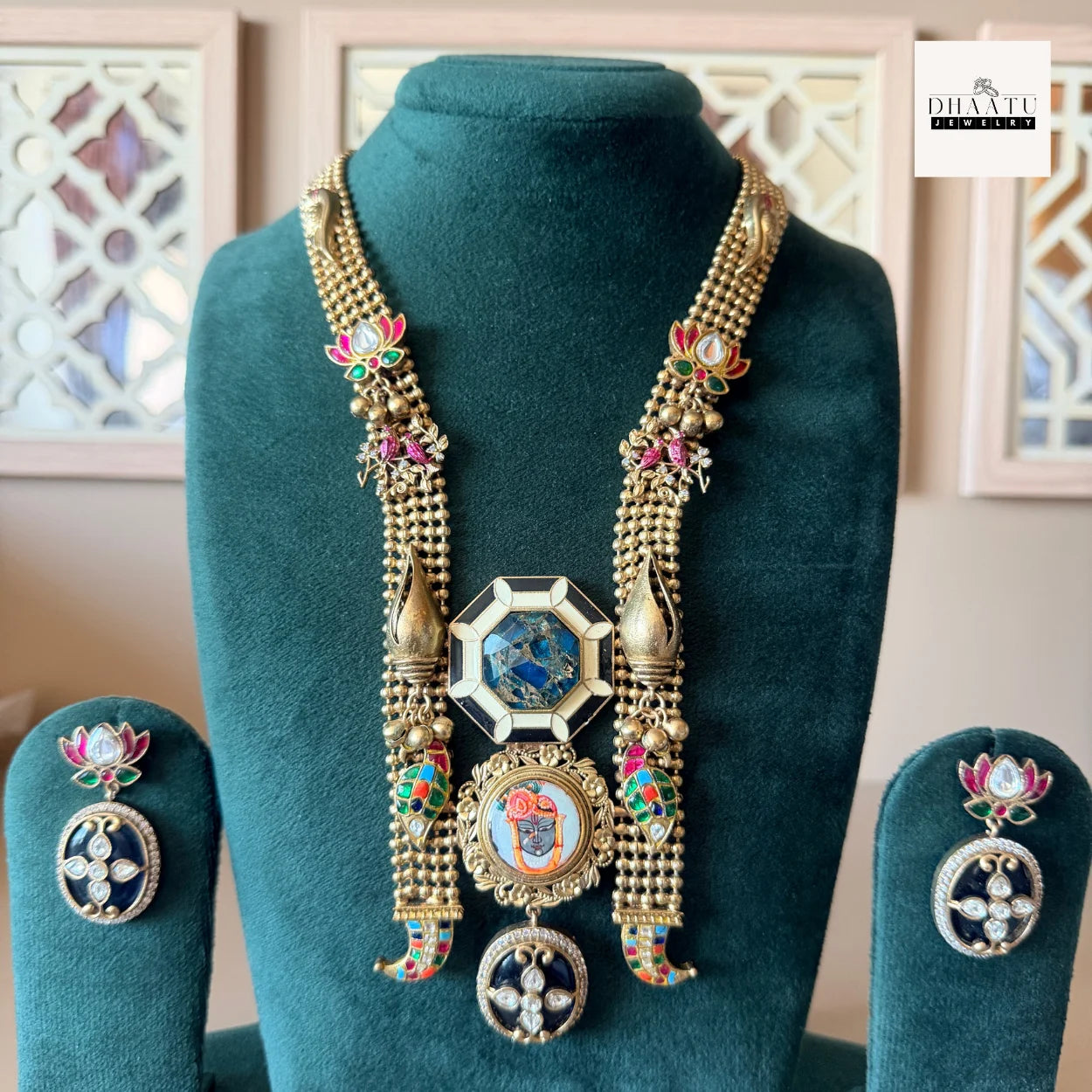 Handcrafted Shrinathji Temple Jewelry Set – Oxidized Gold Long Haar Necklace with Meenakari Work and Matching Earrings